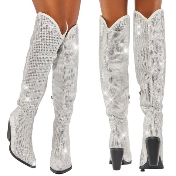 Azalea Wang Shoes - AZALEA WANG Nash Crystal Knee High Cowboy Boots White 6-10 NWT